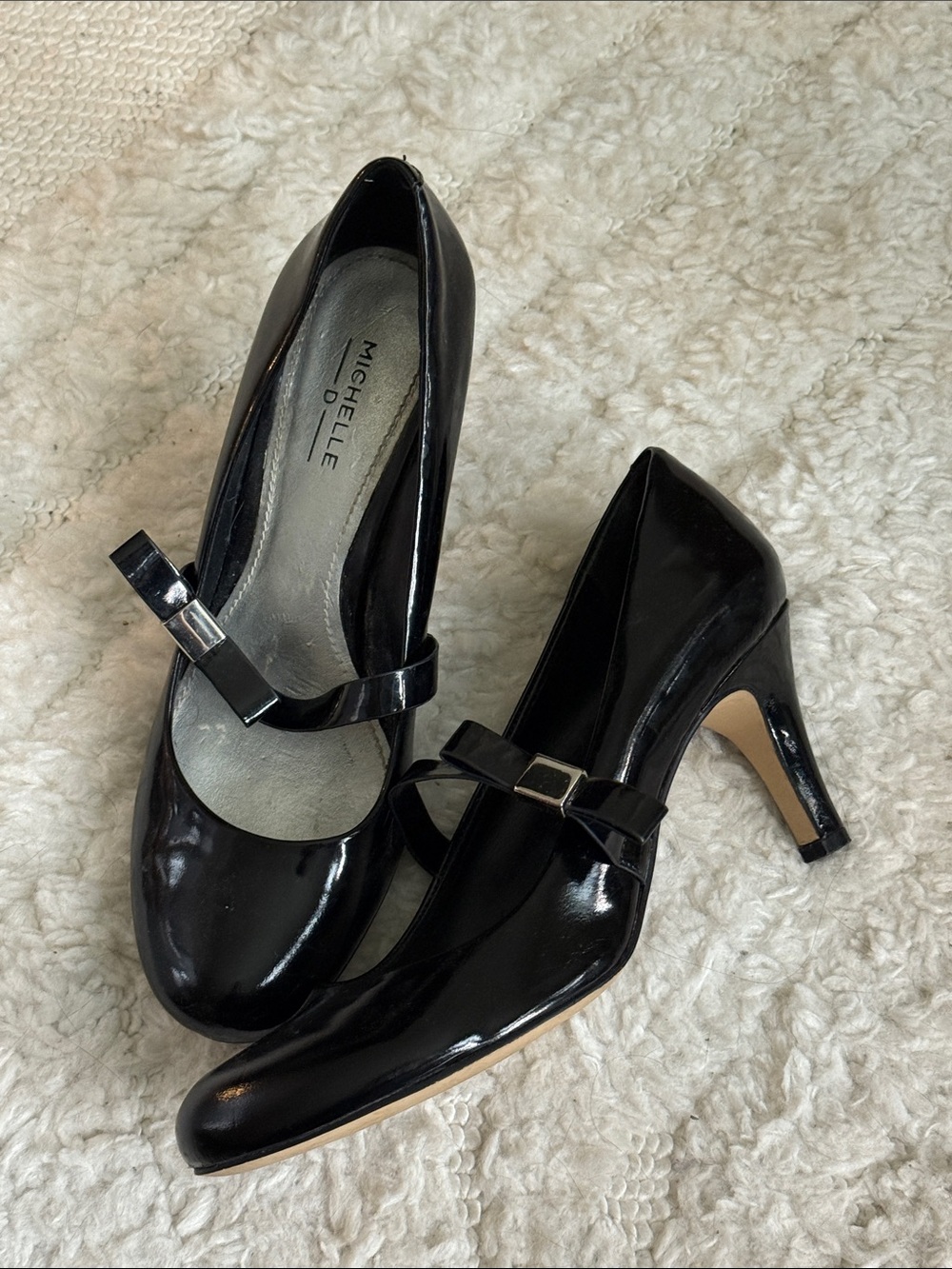 Michelle D Black Patent Mary Jane Heels with Bow Strap